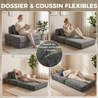 HOMCOM Canapé-lit pliant 2 en 1, chauffeuse 1 place, convertible en chenille, coussin épais, dossier et oreiller, gris(m-7)