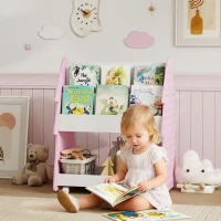 AIYAPLAY Kids Bookshelf with Toy Storage, Double-Sided Bookcase with Wheels, 3 Tier Kids Book Rack for Bedroom, Pink(m-2)
