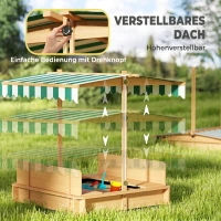 Outsunny Sandkasten 106x106 cm Kinder Sandbox aus Holz mit höhenverstellbar Abdeckung Sitzbänken Rücklehnen Hellbraun(m-4)