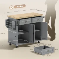 HOMCOM Ilha de Cozinha com Rodas 2 Gavetas 4 Portas Suporte para Temperos e Barra Lateral 111x44,5x82,5 cm Cinzento e Madeira(m-3)