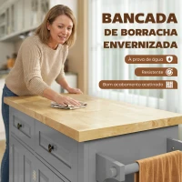 HOMCOM Ilha de Cozinha com Rodas 2 Gavetas 4 Portas Suporte para Temperos e Barra Lateral 111x44,5x82,5 cm Cinzento e Madeira(m-4)