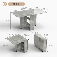 HOMCOM Masă de Dining Pliabilă cu Extensii și Roți cu Frână pentru 4-6 Persoane, Birou Pliabil,140x80x74 cm, Gri Ciment(m-3)