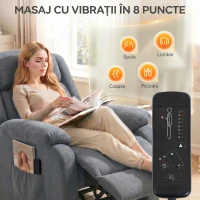 HOMCOM Fotoliu Electric cu Ridicare și Reclinare 135° din Țesătură cu Aspect de In, Suport Picioare, Gri(m-5)