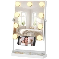 HOMCOM Espelho de Maquilhagem com Luz 9 Lâmpadas LED 3 Cores Interruptor Tátil Suporte para Telemóvel Branco(m-11)