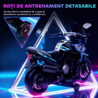 AIYAPLAY Motocicletă Electrică pentru Copii cu Roți Ajutătoare, Oglinzi și Suporturi pentru Picioare, din PP și Metal, 85.5x44.5x56 cm, Albastră(m-5)