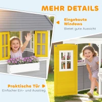 Outsunny Spielhaus Wetterfestes Kinderspielhaus aus Holz mit Tür 6 Fenster 2 Blumenkästen 2 Blumenständern für 3-8 Jahre Grau(m-7)
