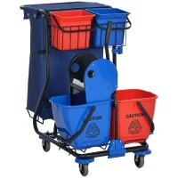 HOMCOM Cărucior de Curățenie cu Sac pentru Gunoi, 4 Găleți și Storcător pentru Mop, 93x80x97 cm, Roșu, Albastru și Negru(m-11)