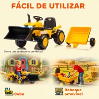 AIYAPLAY Trator Elétrico para Crianças com Reboque e Pá 12V Motor Duplo Luzes Música Conexão Sem Fios USB 146x58x58,5 cm Amarelo(m-5)
