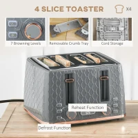 HOMCOM 1.7L 3000W Fast Boil Kettle & 4 Slice Toaster Set, Kettle and Toaster Set with 7 Browning Controls, Crumb Tray, Grey(m-5)