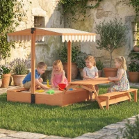 AIYAPLAY Kids Sand Pit with Lid, Wooden Sandpit with Canopy, Foldable Picnic Table, Bench Seats, Bottom Liner for Patio Garden(m-10)