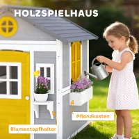 Outsunny Spielhaus Wetterfestes Kinderspielhaus aus Holz mit Tür 6 Fenster 2 Blumenkästen 2 Blumenständern für 3-8 Jahre Grau(m-4)