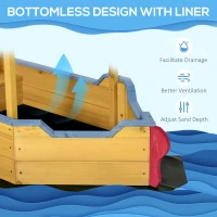 Outsunny Sand Pit, Kids Wooden Sandbox Pirate Ship, Sandboat Play Station with Canopy Shade, Storage Bench and Bottom Liner for Outdoor Garden(m-6)