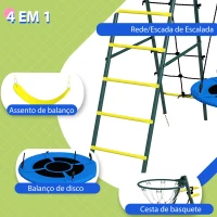 Outsunny Baloiço Infantil 4 em 1 com Baloiço Ninho e Individual Rede de Escalada Cesto de Basquetebol Escada Amarelo(m-5)