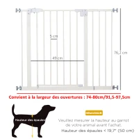 PawHut Barrière de sécurité largueur réglable 74-80 / 91,5-97,5 cm double verrouillage fermeture automatique barrière chien pour porte couloir escalier sans perçage acier blanc(m-3)