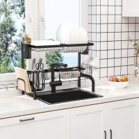 HOMCOM Suport pentru Vase Modulabil de Chiuvetă cu 2 Niveluri, Picioare Antialunecare, din Oțel, 65x31,5x52,5 cm, Negru(m-10)