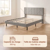 HOMCOM Cadre de Lit 140 x 190 cm avec Sommier et Tête Réglable, Lit Double Rembourré en Lin, Rangement au-dessous, Gris(m-3)