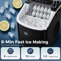 HOMCOM Ice Maker Machine Countertop, 12 KG in 24 H, 9 Cubes in 6 Mins, Portable Ice Cube Maker with Handle, Ice Scoop and Basket for Home Office Kitchen Bar Party RV, Black(m-4)