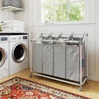 HOMCOM Panier à linge mobile, chariot linge sale, corbeille à roulettes avec 4 sacs amovibles, 4 x 40L, 97 x 38 x 81 cm, gris(m-8)