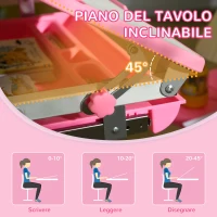HOMCOM Banco Scuola per Bambini 6-12 Anni con Sedia e Altezza Regolabile, Piano Inclinabile, 66x47x52-77 cm, Rosa(m-6)