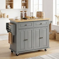HOMCOM Ilha de Cozinha com Rodas 2 Gavetas 4 Portas Suporte para Temperos e Barra Lateral 111x44,5x82,5 cm Cinzento e Madeira(m-10)