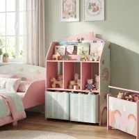 AIYAPLAY Meuble rangement enfant, bibliothèque enfants avec étagères ouvertes et 2 tiroirs en tissu, MDF, rose(m-11)