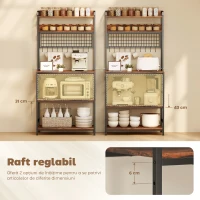 HOMCOM Raft de Bucătărie cu Stație de Alimentare și Rafturi Reglabile, Raft pentru Cuptor cu Microunde 5 Nivele cu Panou de Grilaj și 10 Cârlige, Dulap Vintage Structură din Oțel, 80x40x170 cm, Maro Rustic(m-6)