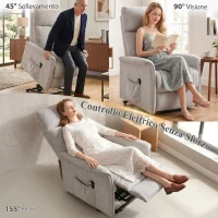 HOMCOM Poltrona Elettrica Alzapersona Reclinabile in Ciniglia con Schienale Alto e Telecomando, Grigio Chiaro(m-3)