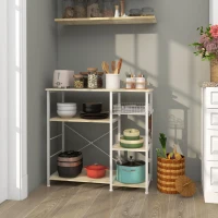 HOMCOM Estante de Cozinha com 1 Cesto 4 Ganchos em S 6 Pés com Almofadas Ajustáveis e Prateleiras 90x40x84,5 cm Carvalho e Branco(m-10)