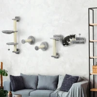 PawHut Arbre à chat parcours mural complet 4 pièces hamac, pompon, plateformes de saut, poteau en sisal et échelle peluche gris(m-11)