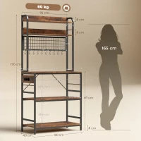 HOMCOM Raft de Bucătărie cu Stație de Alimentare și Rafturi Reglabile, Raft pentru Cuptor cu Microunde 5 Nivele cu Panou de Grilaj și 10 Cârlige, Dulap Vintage Structură din Oțel, 80x40x170 cm, Maro Rustic(m-3)