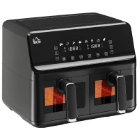 HOMCOM Fritadeira sem Óleo Dupla 8L 2500W com 8 Programas Ecrã LED Tátil Temperatura Ajustável 80-200°C Temporizador e Cesta Antiaderente 38,5x38x30,5 cm Preto(m-1)