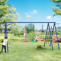 AIYAPLAY 6 in 1 Metal Kids Swing Set with 3 Swings, Climbing Ladder & Net, Basketball Hoop, for Ages 3-8(m-10)