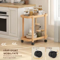 HOMCOM Cărucior de bucătărie din bambus 2 niveluri Cărucior auxiliar pentru bucătărie cu roți 2 rafturi 54x36,5x60 cm Natural(m-5)