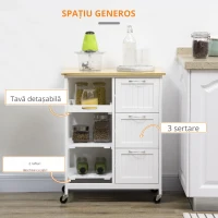 HOMCOM Carucior de bucatarie cu 3 sertare, 2 rafturi deschise si tava detasabila, din MDF si lemn de pin, 67x37x84cm, culoare lemn si alb(m-4)