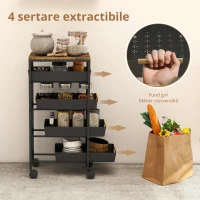 HOMCOM Carucior de Bucătărie de 5 Nivele Carucior Auxiliar cu Roți Tablou Efect Lemn Sertare Extrase 39,5x24x82 cm Negru(m-5)