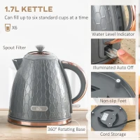 HOMCOM 1.7L 3000W Fast Boil Kettle & 4 Slice Toaster Set, Kettle and Toaster Set with 7 Browning Controls, Crumb Tray, Grey(m-4)