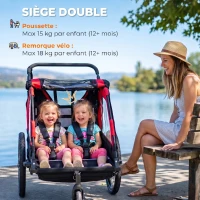 AIYAPLAY Remorque vélo enfant 2 en 1, poussette vélo bébé 2 places, guidon réglable, frein à main, ceinture de sécurité, rouge(m-5)