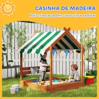 Outsunny Caixa de Areia para Crianças de Madeira em Forma de Casa com 2 Assentos Toldo 6 Bandeirolas 2 Bandejas Removíveis Torneira e Quadro para Jardim 124x116x146 cm Madeira(m-5)