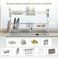 HOMCOM Scurgător din oțel cu 2 niveluri pentru chiuvetă, cu suport pentru tocător și tacâmuri, 100x30x54,5cm, alb(m-5)