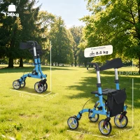 HOMCOM 4 Wheel Rollator with Seat and Back, Lightweight Folding Mobility Walker with Large Wheels, Carry Bag, Adjustable Height, Aluminium Walking Frame with Dual Brakes for Seniors, Blue(m-3)