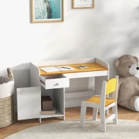 ZONEKIZ Escritorio para Niños con Silla Conjunto de Escritorio de 2 Piezas con Cajón y Armario Blanco y Natural(m-10)
