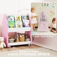 AIYAPLAY Kids Bookshelf with Toy Storage, Double-Sided Bookcase with Wheels, 3 Tier Kids Book Rack for Bedroom, Pink(m-4)