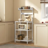 HOMCOM Estante de Cozinha com 2 Tomadas Prateleira para Micro-ondas Prateleira Ajustável Ganchos 60x42x137 cm Branco(m-10)