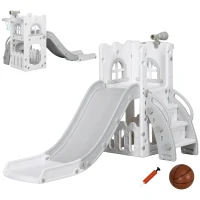 AIYAPLAY Kinderrutsche, 5 in 1, Kleinkinderrutsche mit Basketballkorb, Teleskop Klettergerüst Grau 70 x 177 x 92 cm(m-1)
