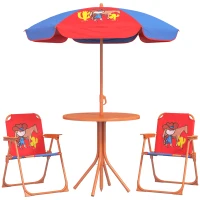 Outsunny Kids Picnic Table and Chair Set, Cowboy Themed Outdoor Garden Furniture w/ Foldable Chairs, Adjustable Parasol(m-1)