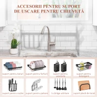 HOMCOM Suport pentru Vase Modulabil de Chiuvetă cu 2 Niveluri, Picioare Antialunecare, din Oțel, 65x31,5x52,5 cm, Negru(m-5)