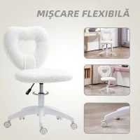 HOMCOM Scaun de birou tapițat cu spătar în formă de inimă și roți, din catifea Teddy și plastic, 45x56x78-88 cm, alb(m-6)