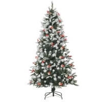 HOMCOM 6FT Artificial Snow Dipped Christmas Tree Xmas Pencil Tree Holiday Home Party Decoration with Foldable Feet Red Berries White Pinecones, Green(m-1)