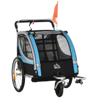 HOMCOM Rimorchio Bici per Bambini e Passeggino 2 in 1 con Cintura,  Tasche e Bandierina, Blu(m-1)
