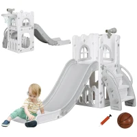 AIYAPLAY Kinderrutsche, 5 in 1, Kleinkinderrutsche mit Basketballkorb, Teleskop Klettergerüst Grau 70 x 177 x 92 cm(m-12)
